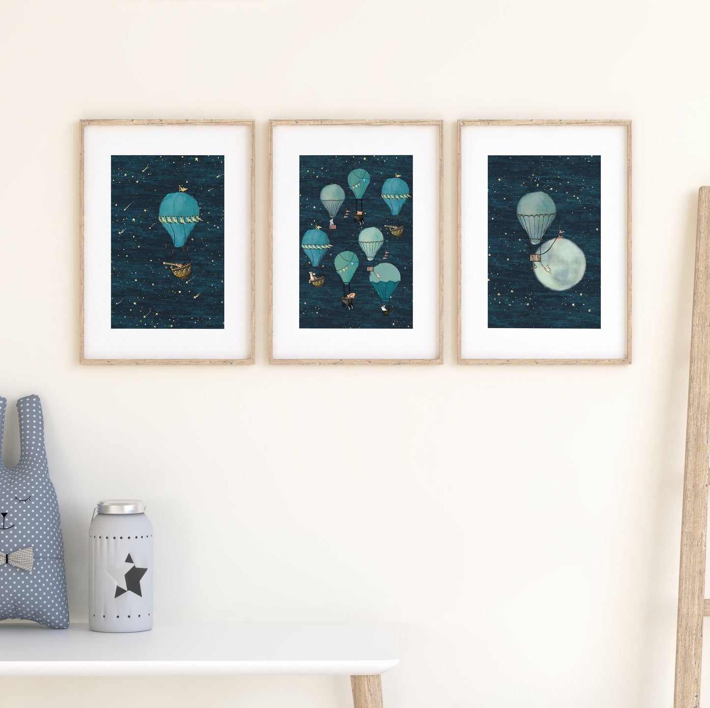 Hot Air Balloon Mouse Moon Night Sky Art Print