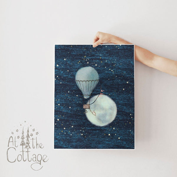 Hot Air Balloon Mouse Moon Night Sky Art Print