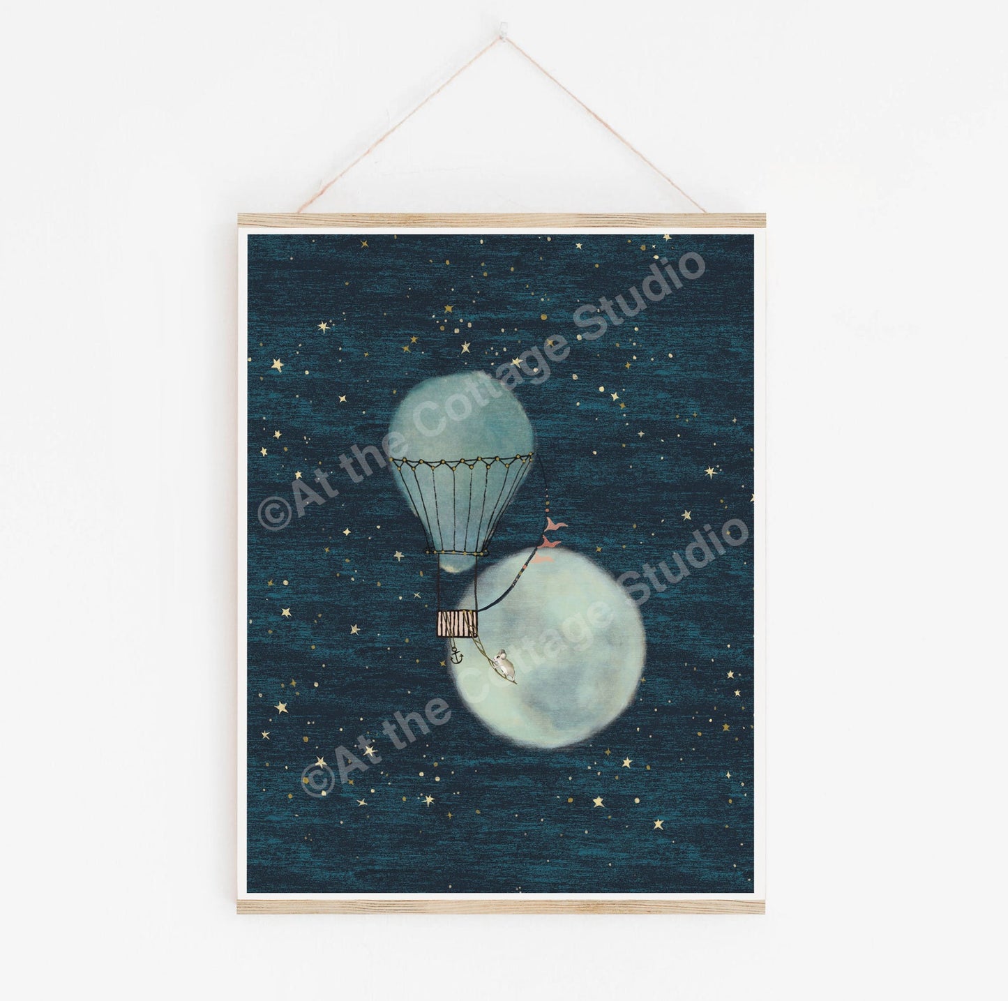 Hot Air Balloon Mouse Moon Night Sky Art Print