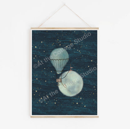 Hot Air Balloon Mouse Moon Night Sky Art Print