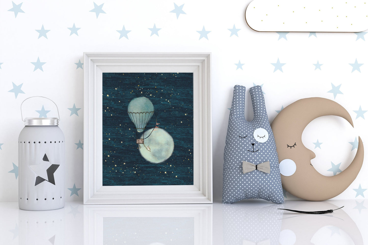 Hot Air Balloon Mouse Moon Night Sky Art Print